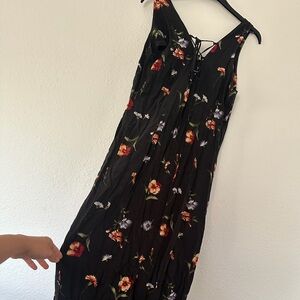 Vintage Cristin Stevens Black Floral Sleeveless Flowy Summer Maxi Dress Tie Up